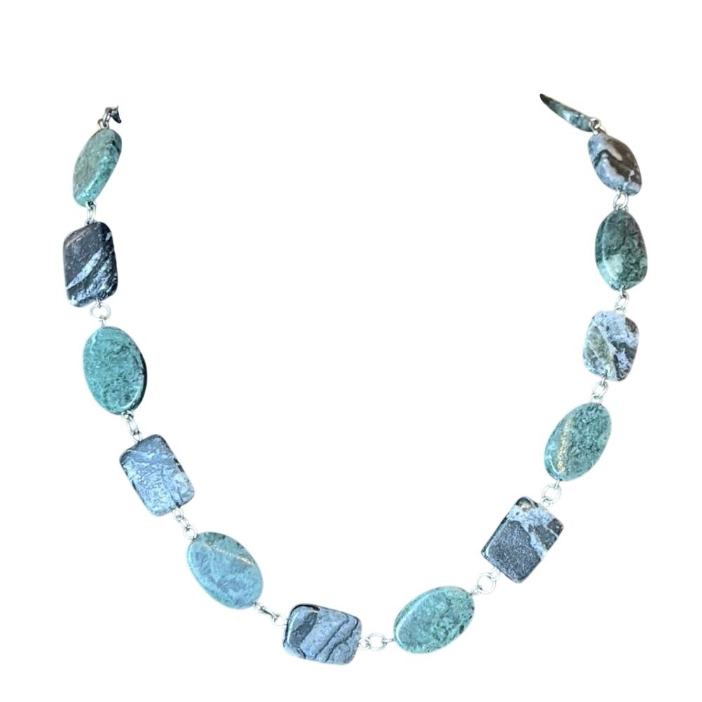 Artisan Natural Stone Beaded Necklace Green Gray Jasper Aventurine 20”